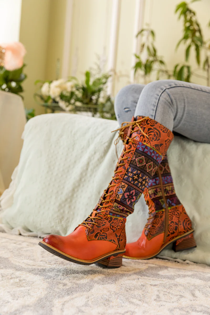 SOFFIA | GEOMETRY PATCHWORK EMBOSSED LEATHER KNEE HIGH BOOT - Image 6