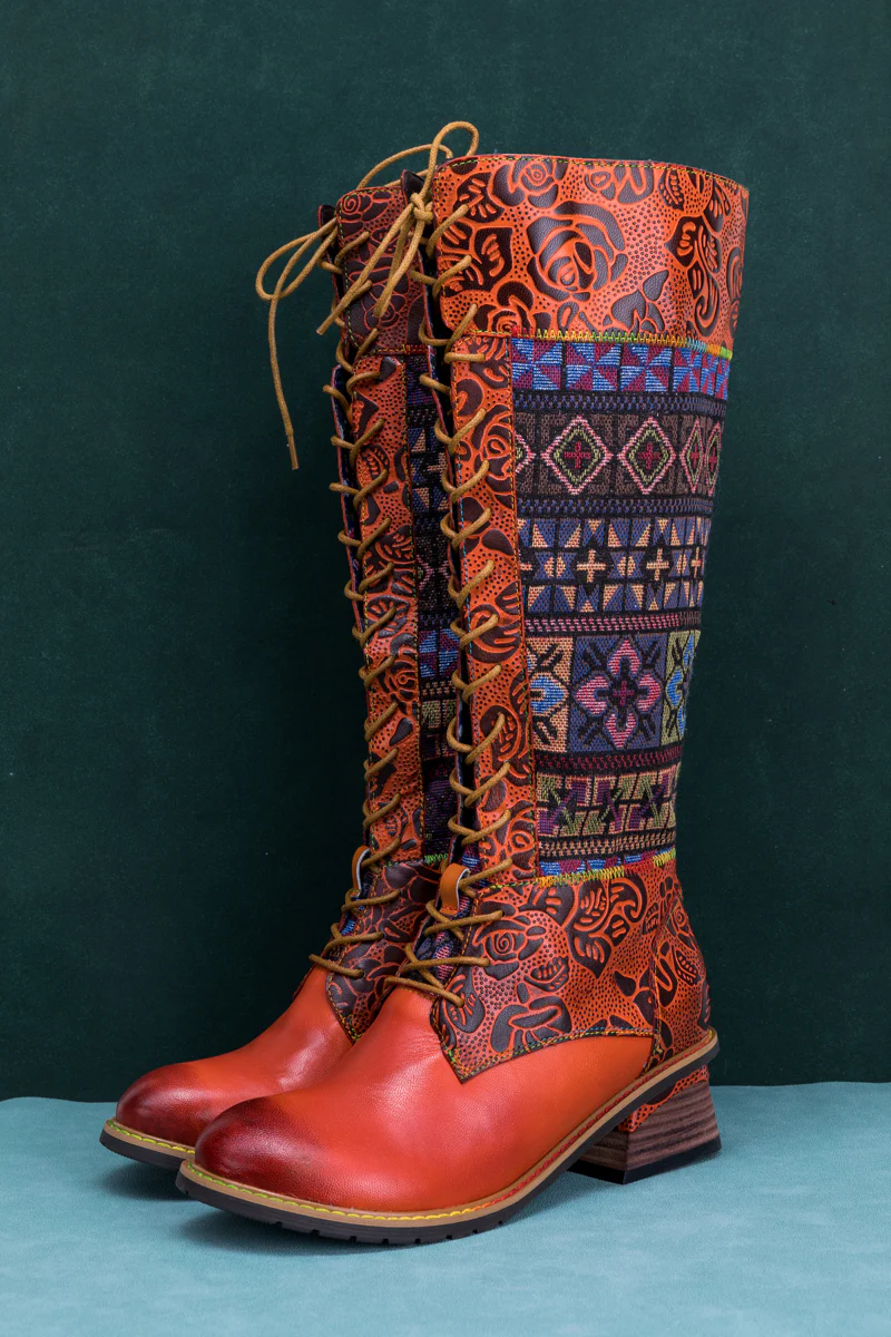 SOFFIA | GEOMETRY PATCHWORK EMBOSSED LEATHER KNEE HIGH BOOT - Image 8