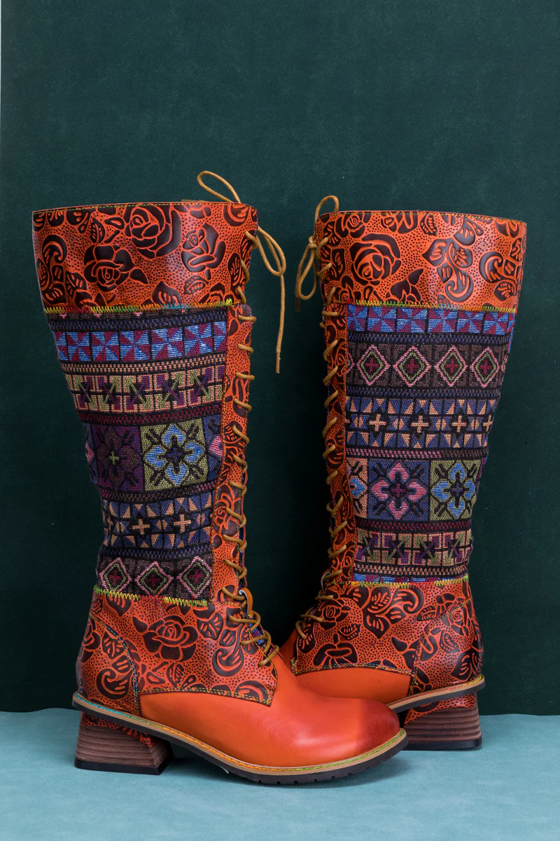 SOFFIA | GEOMETRY PATCHWORK EMBOSSED LEATHER KNEE HIGH BOOT - Image 9