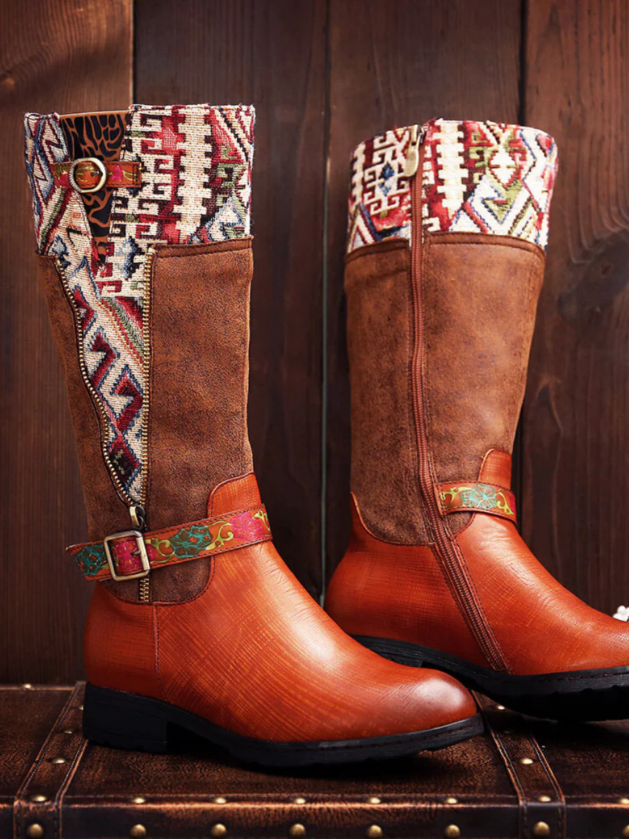 Soffia | Genuine Leather Geometry Printed Tie-Accent Boho Knee High Boots - Image 2