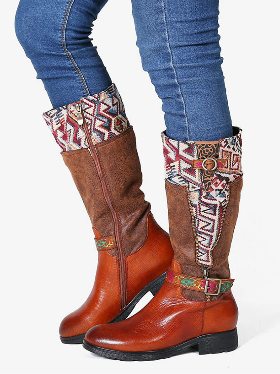 Soffia | Genuine Leather Geometry Printed Tie-Accent Boho Knee High Boots - Image 3