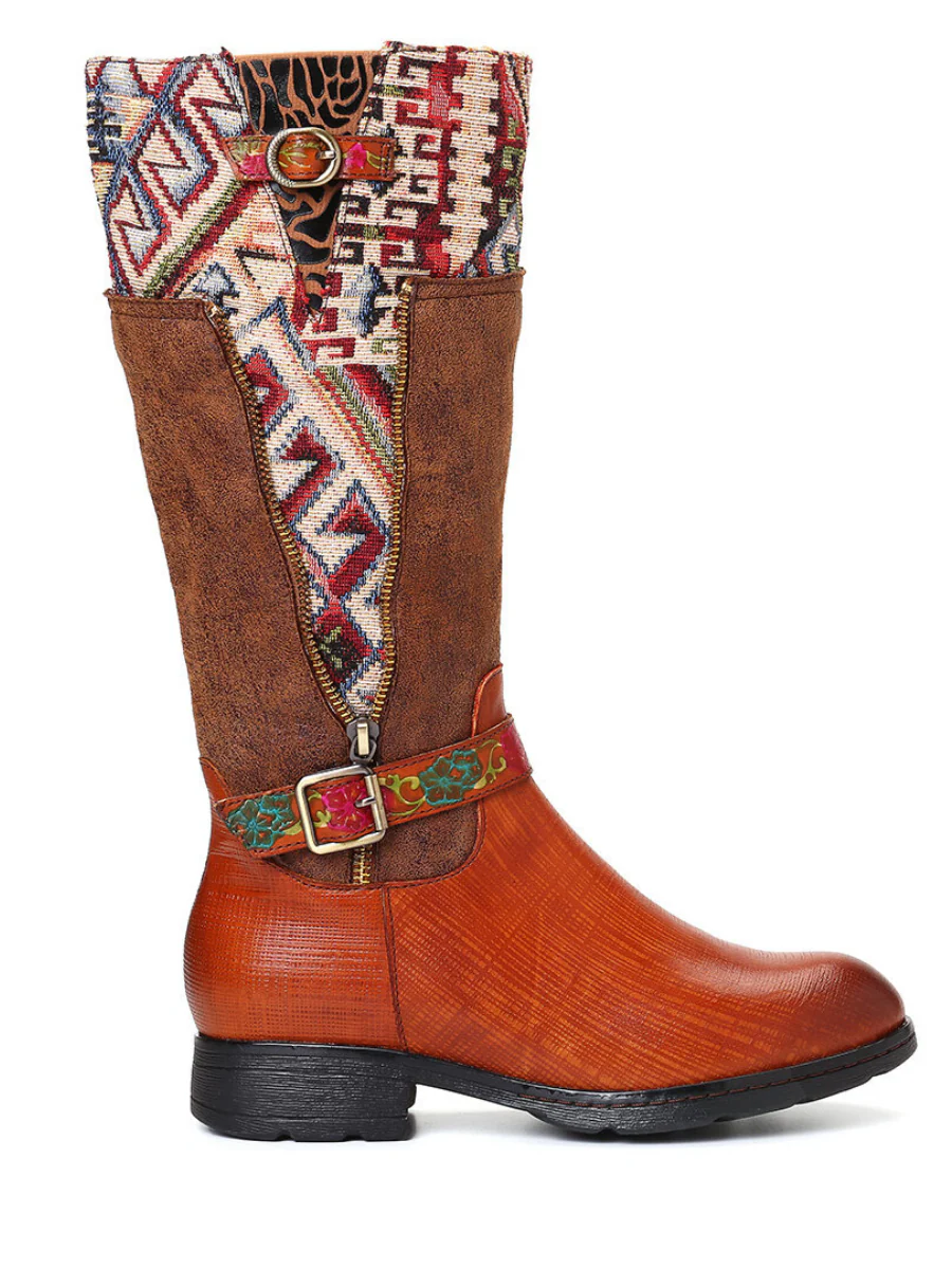 Soffia | Genuine Leather Geometry Printed Tie-Accent Boho Knee High Boots - Image 4