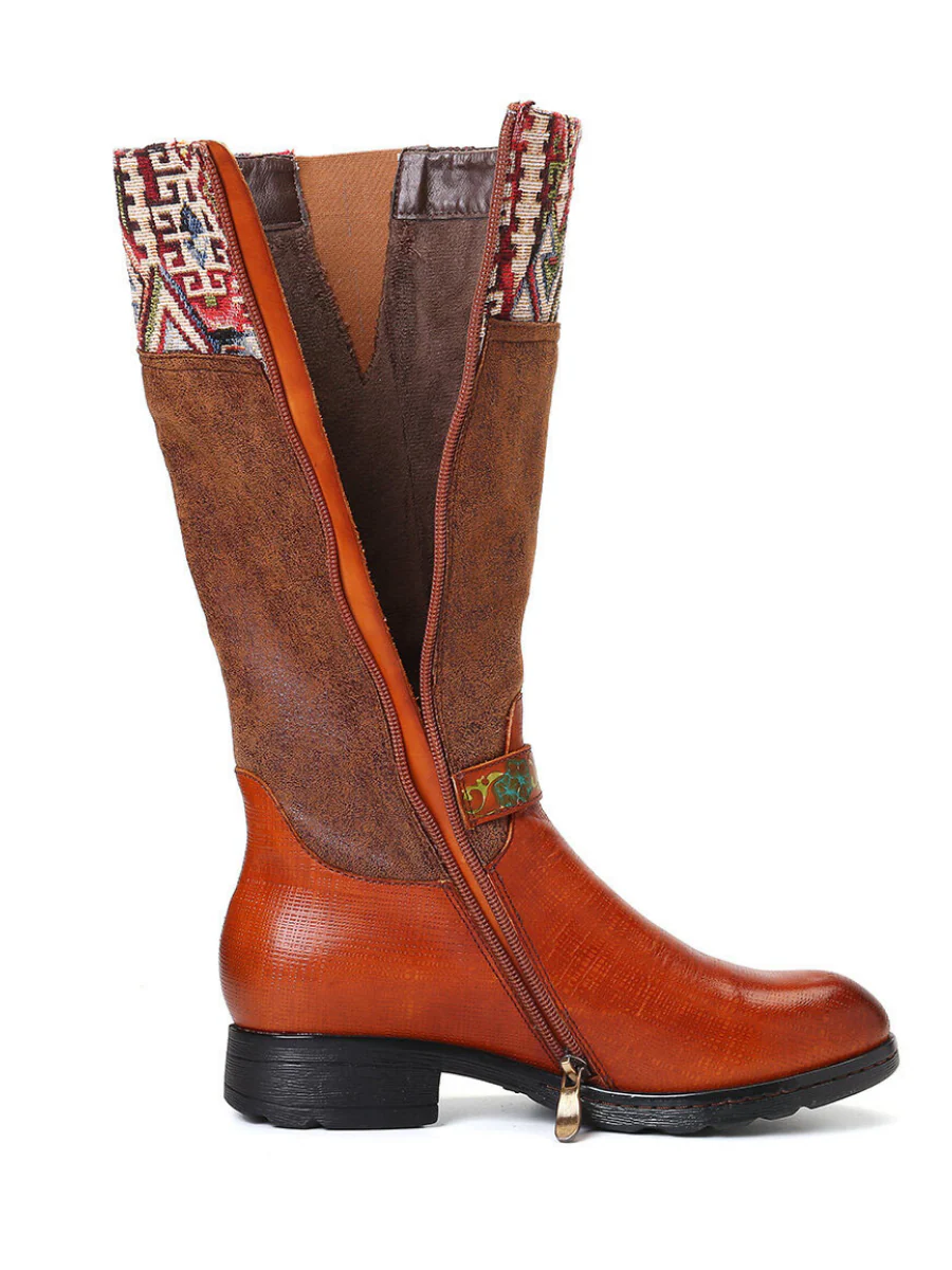 Soffia | Genuine Leather Geometry Printed Tie-Accent Boho Knee High Boots - Image 5