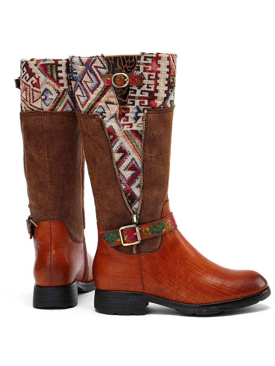 Soffia | Genuine Leather Geometry Printed Tie-Accent Boho Knee High Boots - Image 6