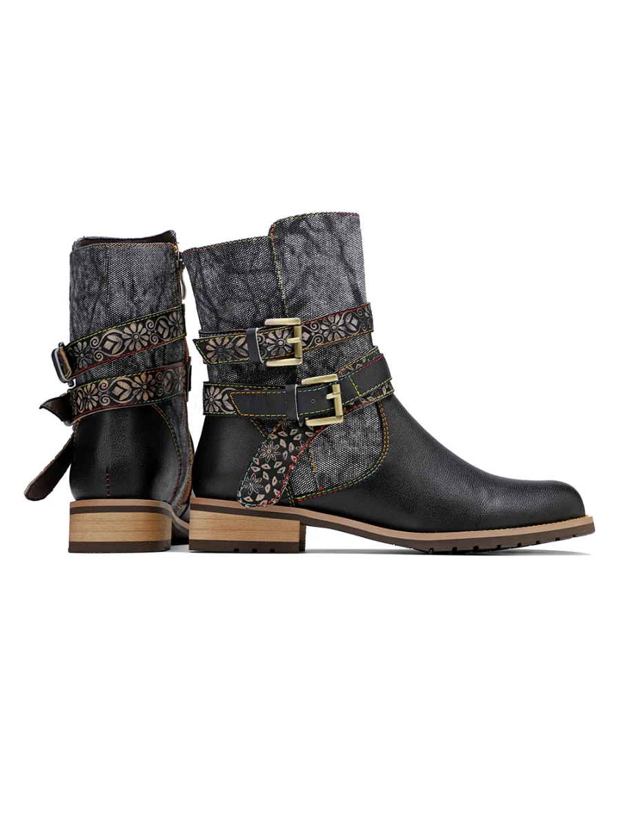 SOFFIA | Genuine Leather Gold Floral Embossed Strap  Moto Boots - Image 10