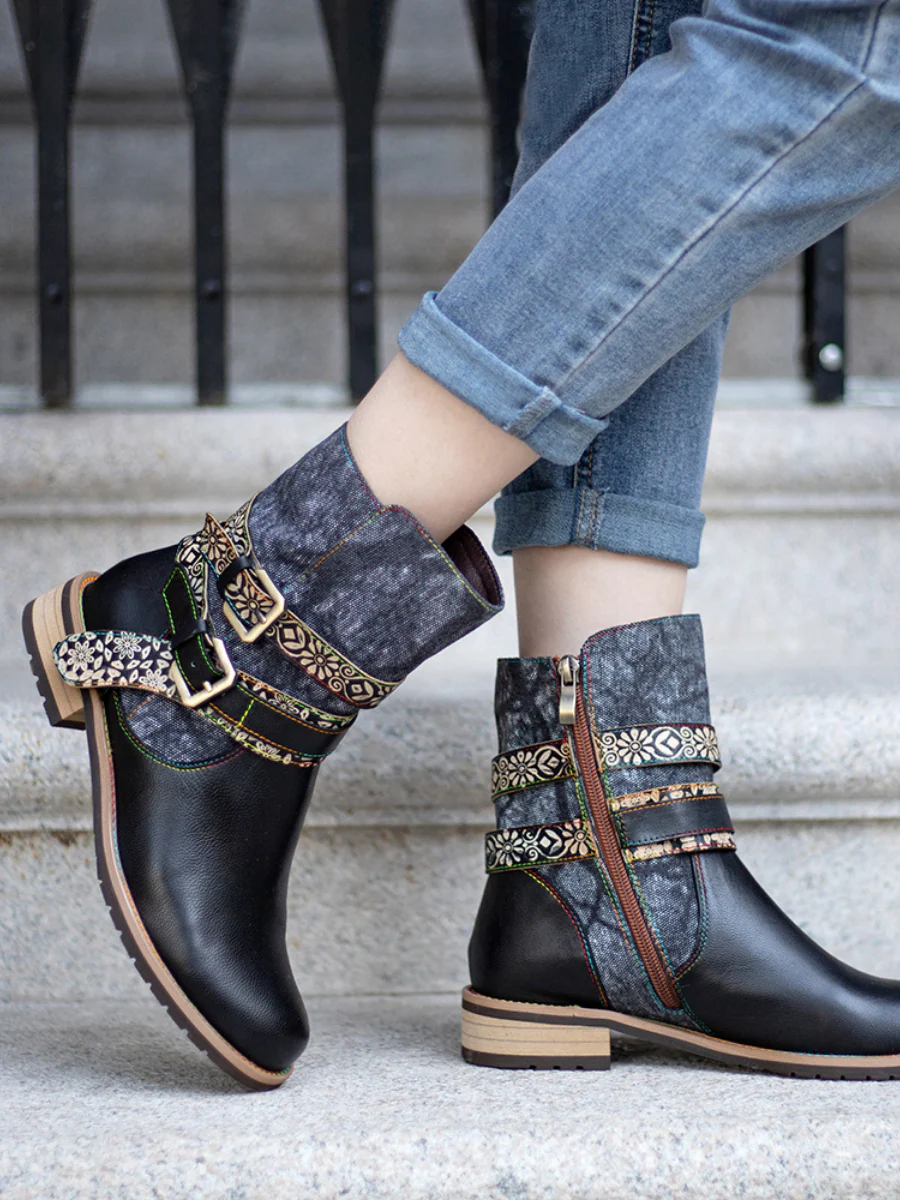 SOFFIA | Genuine Leather Gold Floral Embossed Strap  Moto Boots - Image 11