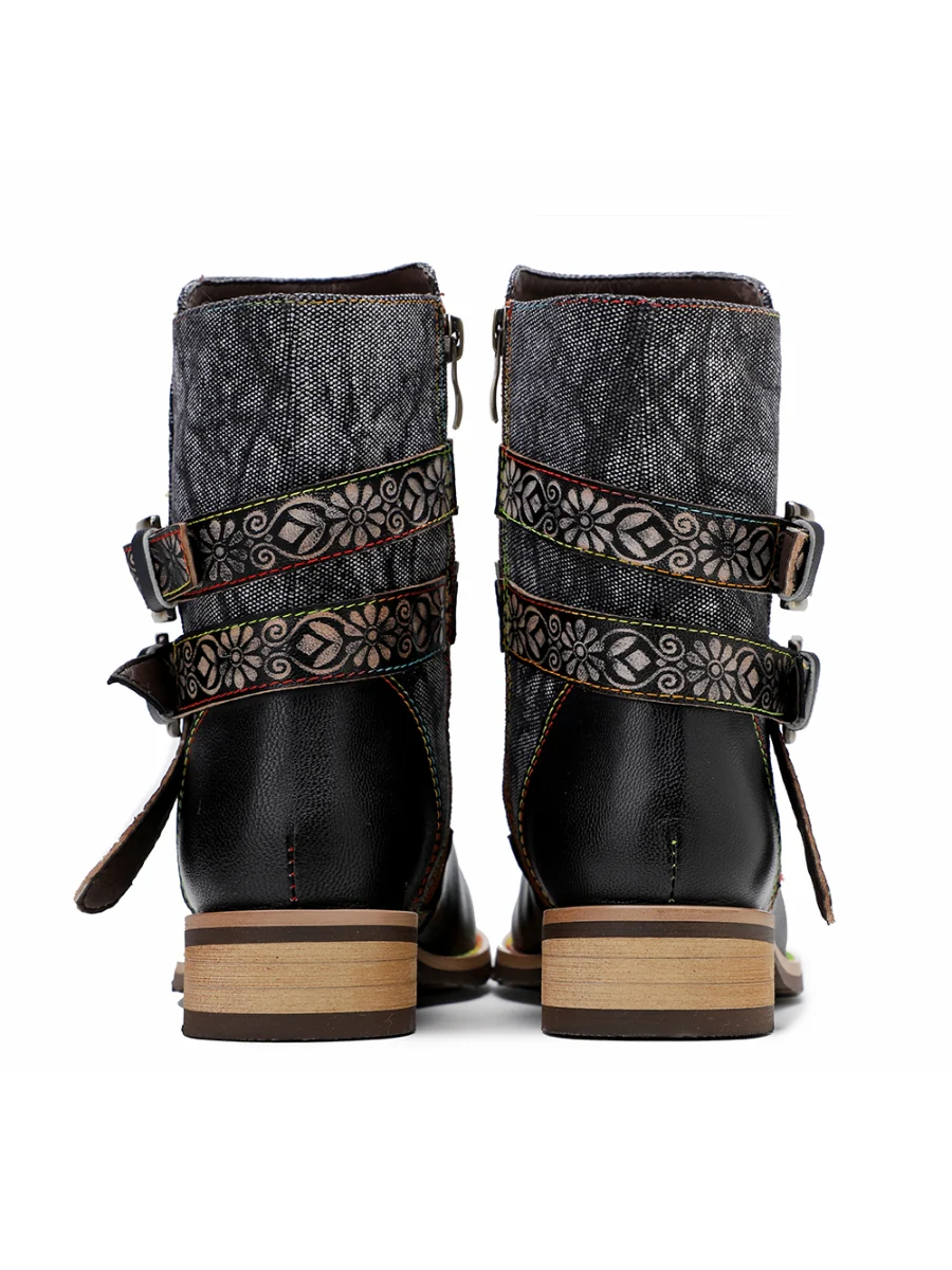 SOFFIA | Genuine Leather Gold Floral Embossed Strap  Moto Boots - Image 12