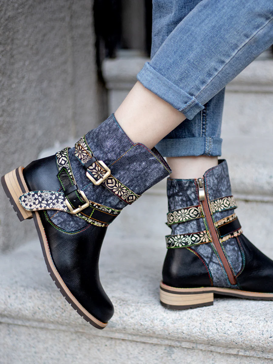SOFFIA | Genuine Leather Gold Floral Embossed Strap  Moto Boots - Image 3