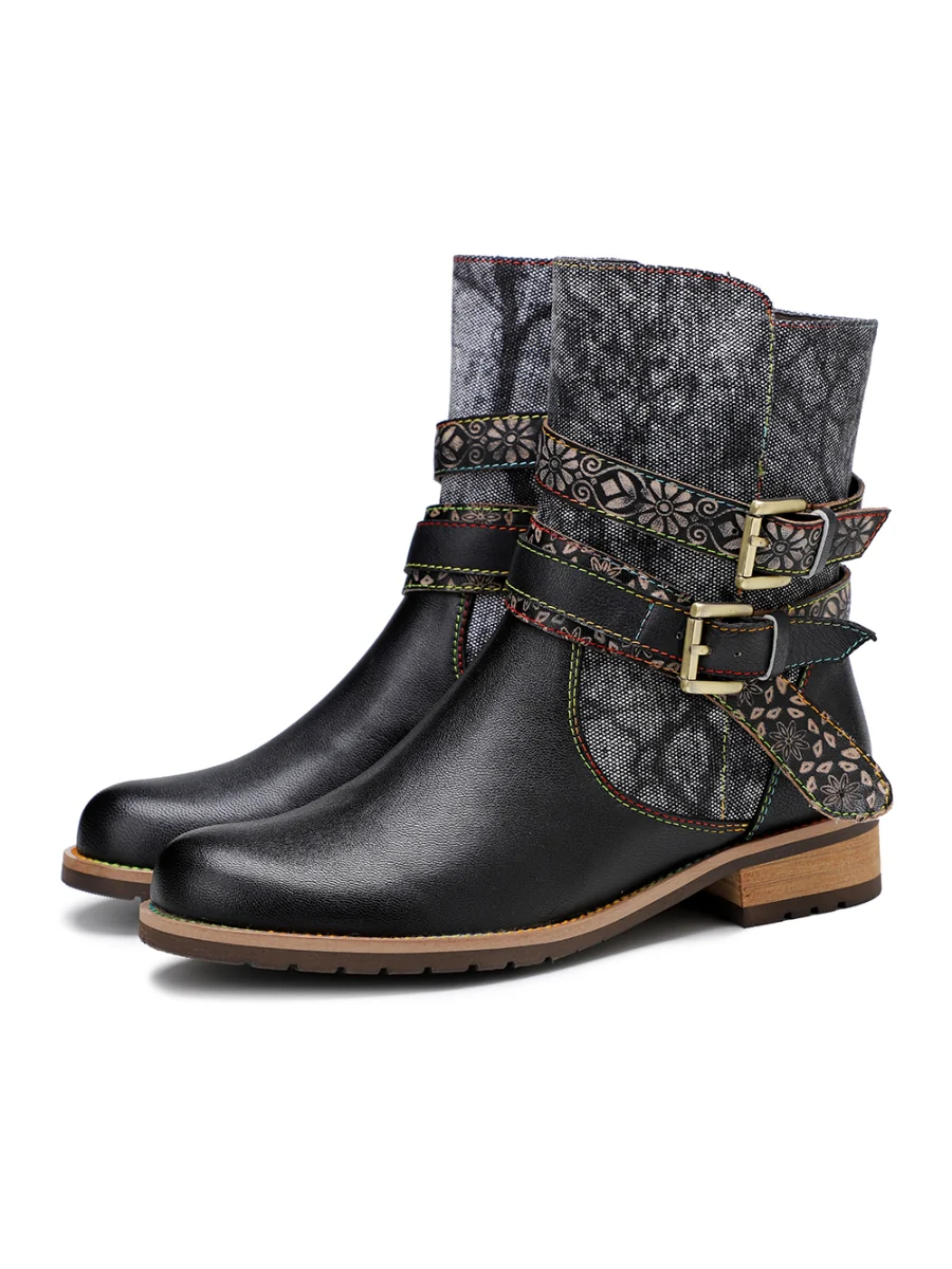 SOFFIA | Genuine Leather Gold Floral Embossed Strap  Moto Boots - Image 4