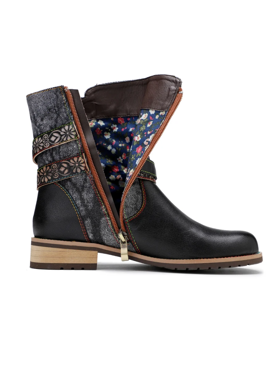 SOFFIA | Genuine Leather Gold Floral Embossed Strap  Moto Boots - Image 5