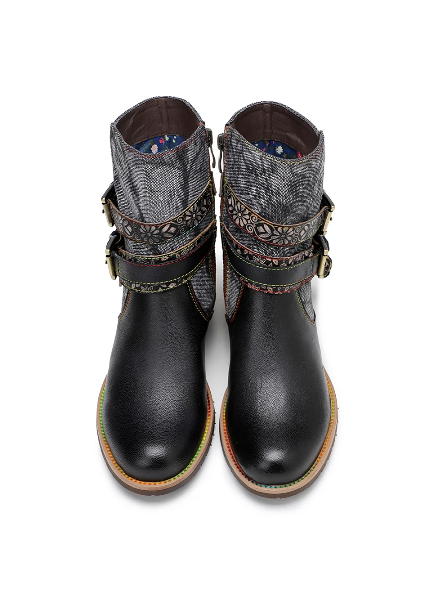 SOFFIA | Genuine Leather Gold Floral Embossed Strap  Moto Boots - Image 6