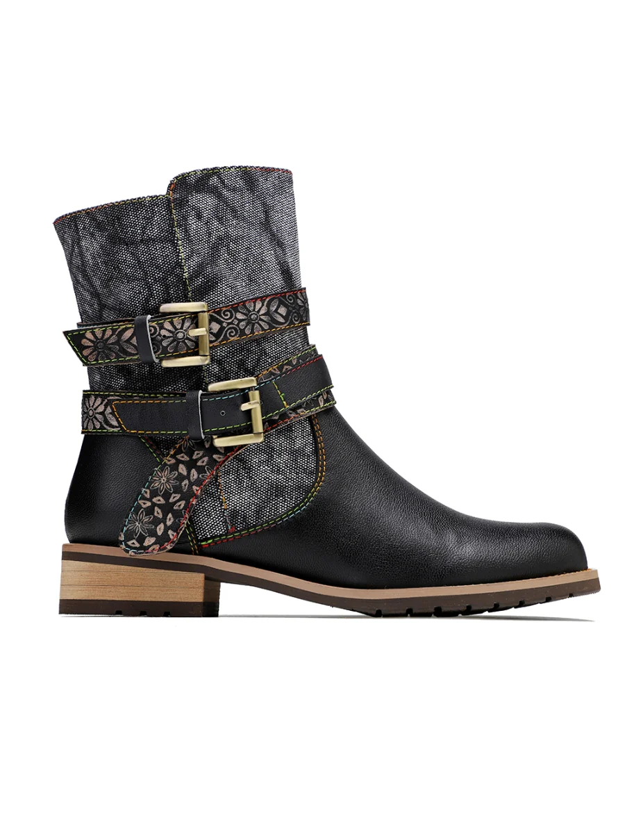 SOFFIA | Genuine Leather Gold Floral Embossed Strap  Moto Boots - Image 7