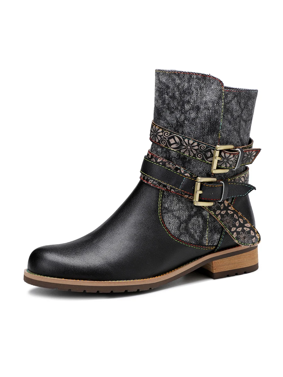 SOFFIA | Genuine Leather Gold Floral Embossed Strap  Moto Boots - Image 8