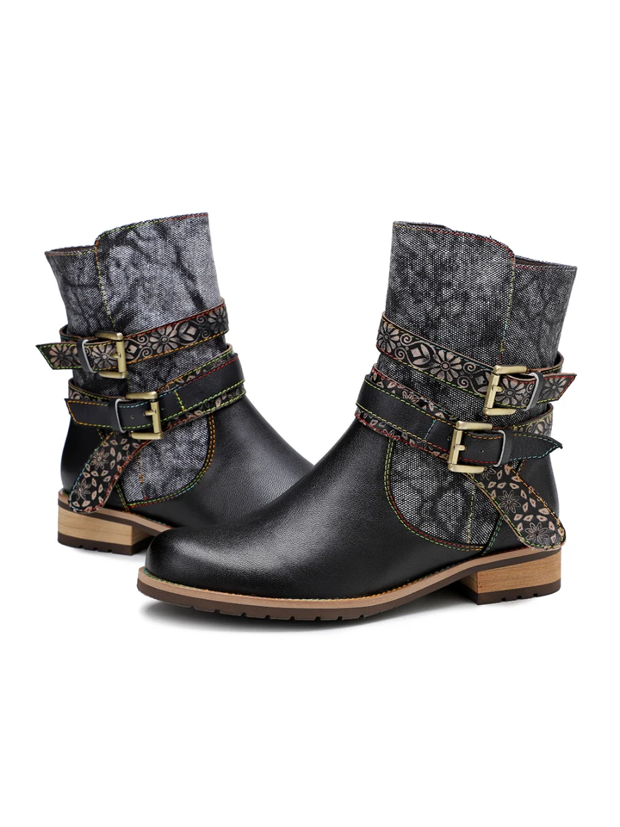 SOFFIA | Genuine Leather Gold Floral Embossed Strap  Moto Boots - Image 9
