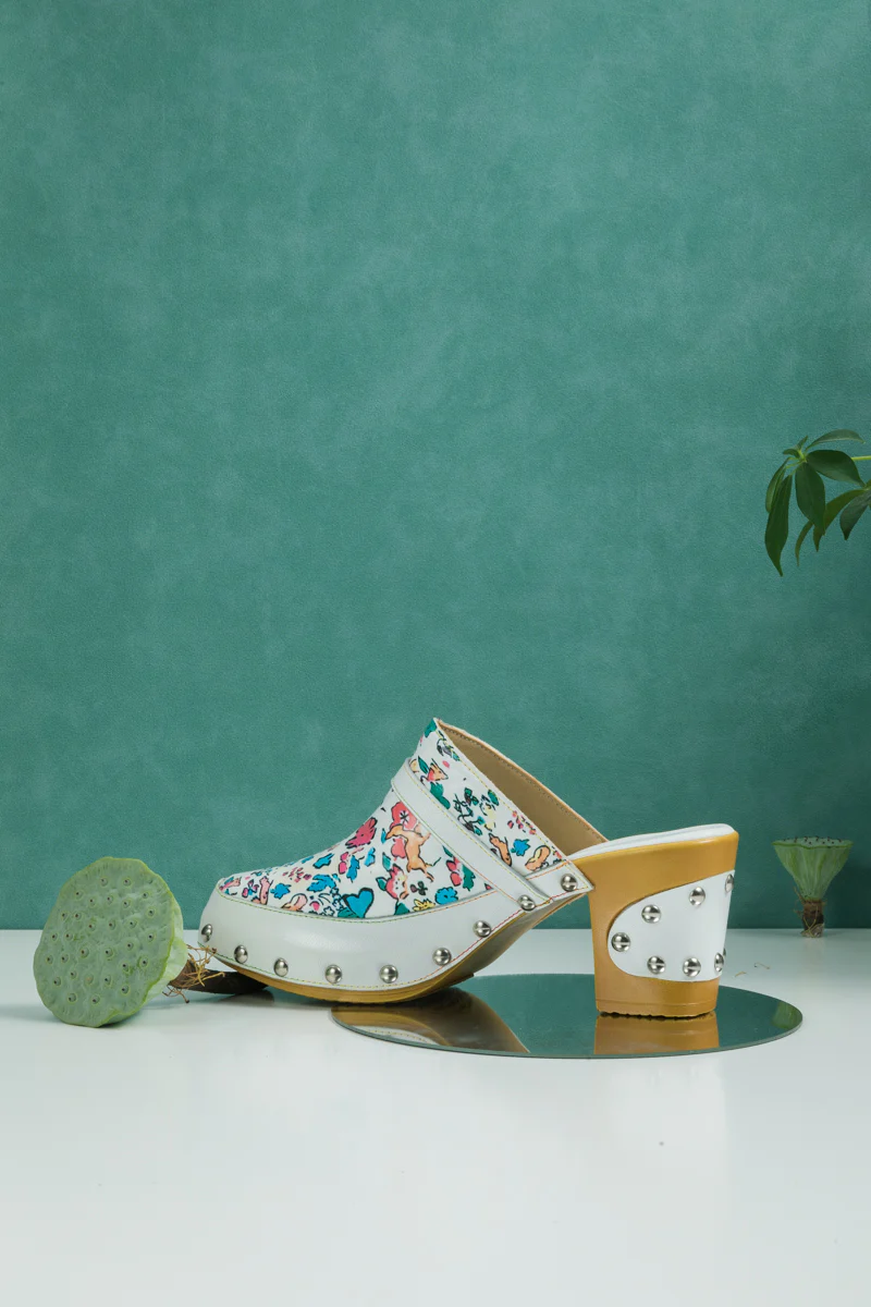 SOFFIA | GRAFFITI FLORAL PATTERNED LEATHER CLOG WHITE - Image 8