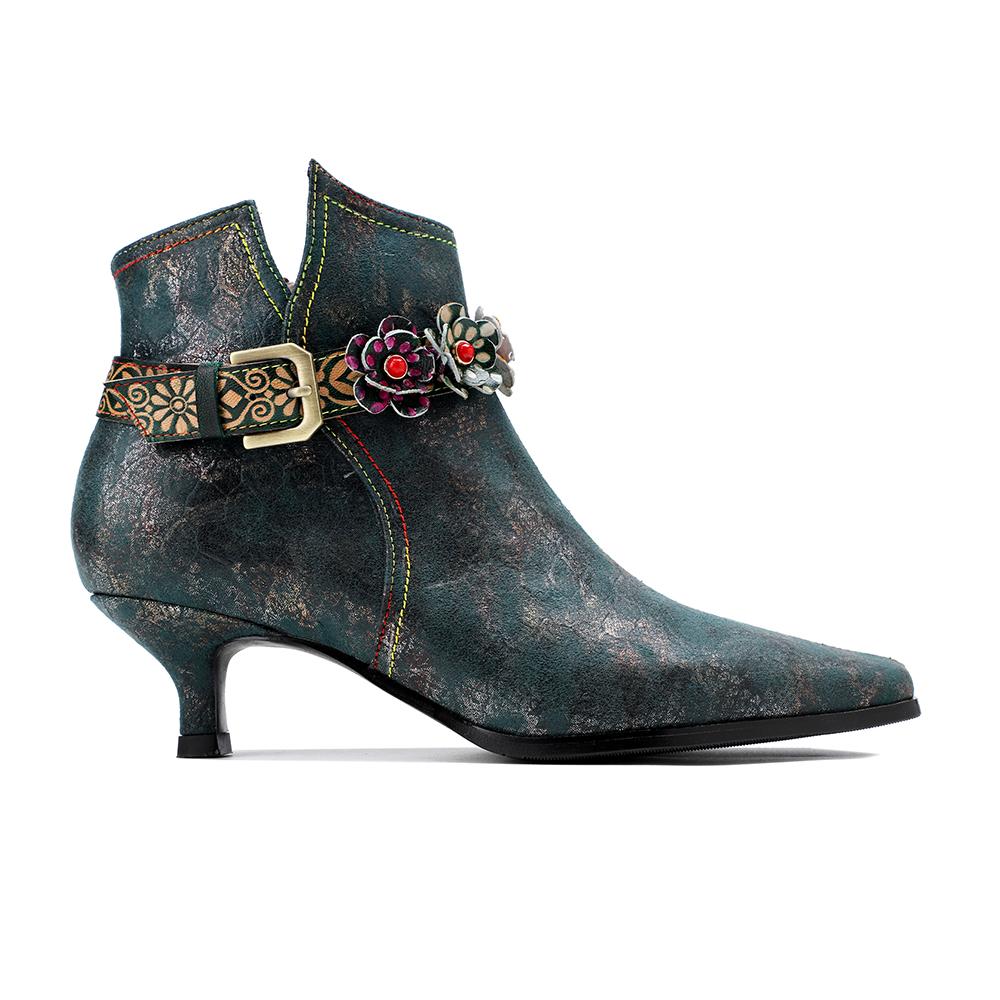 SOFFIA |Green Washed Floral Deco Genuine Leather Bootie Kitten Heel Ankle Boots - Image 3
