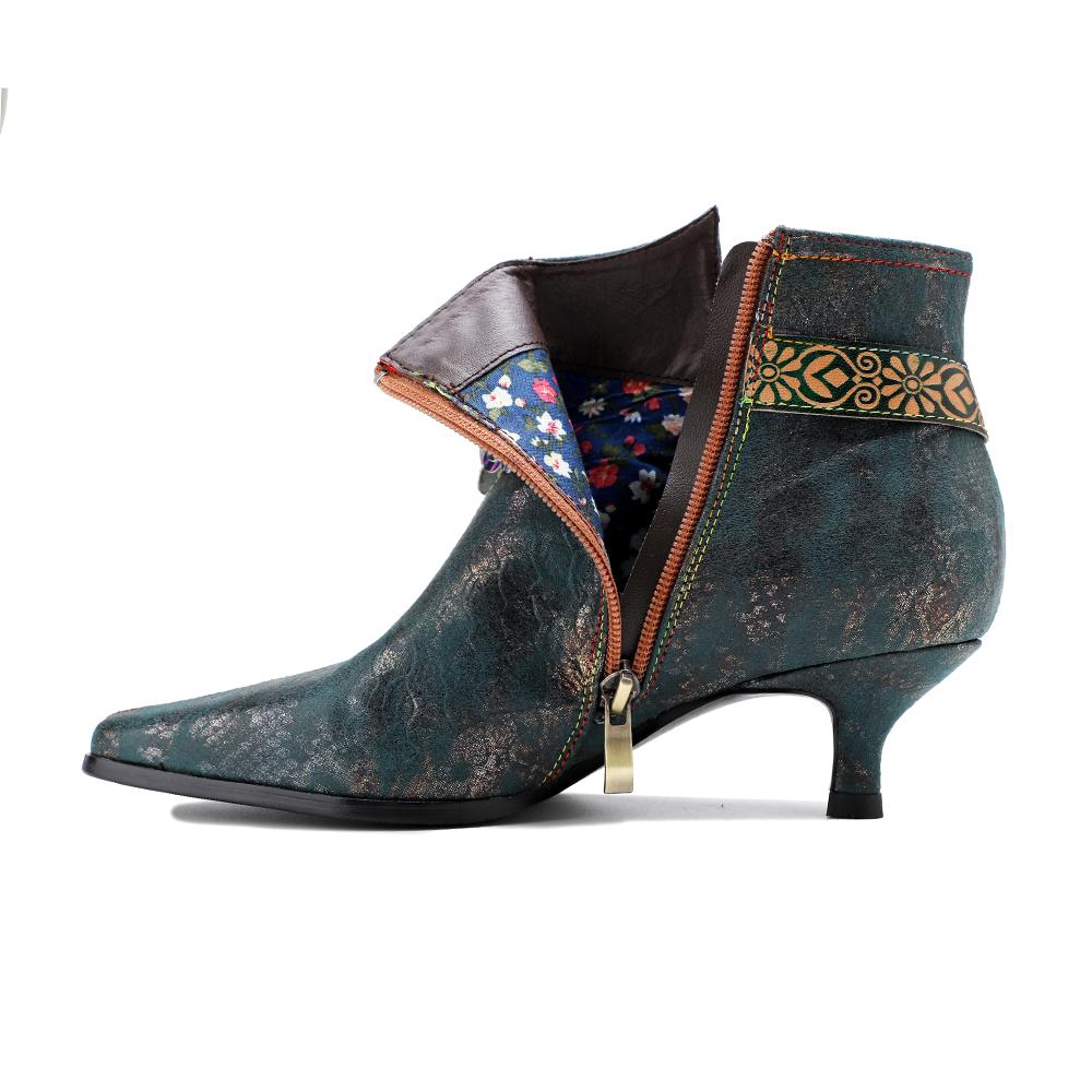SOFFIA |Green Washed Floral Deco Genuine Leather Bootie Kitten Heel Ankle Boots - Image 4