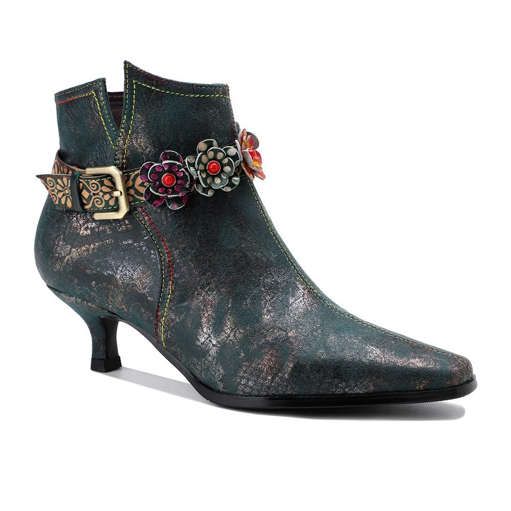 SOFFIA |Green Washed Floral Deco Genuine Leather Bootie Kitten Heel Ankle Boots - Image 5