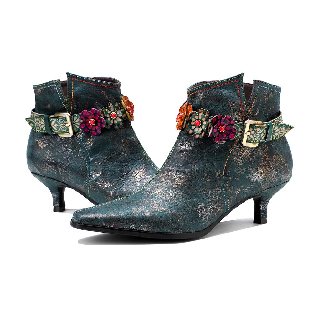 SOFFIA |Green Washed Floral Deco Genuine Leather Bootie Kitten Heel Ankle Boots - Image 6