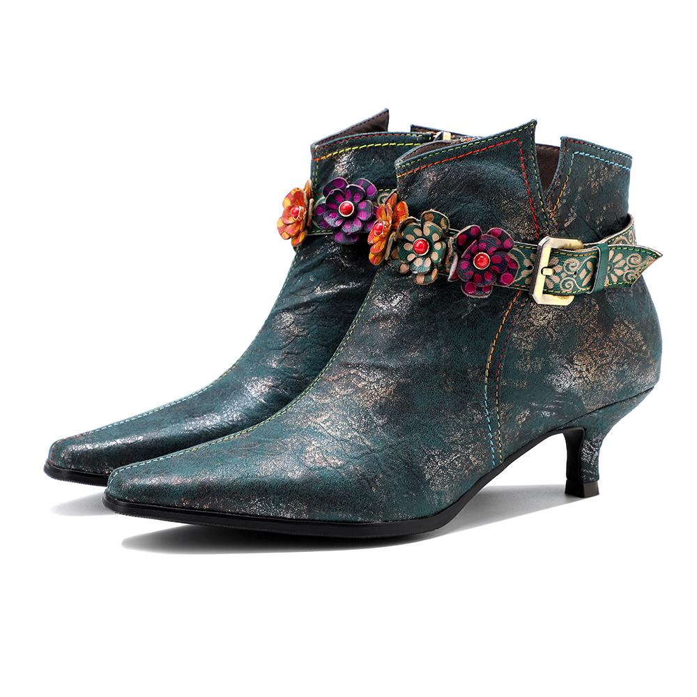 SOFFIA |Green Washed Floral Deco Genuine Leather Bootie Kitten Heel Ankle Boots - Image 7
