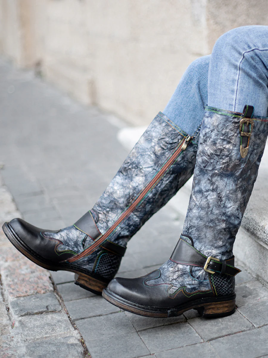 SOFFIA | Genuine Leather Grey Wrinkled ILIYAH Accent Leather Knee High Riding Flat Boots - Image 3