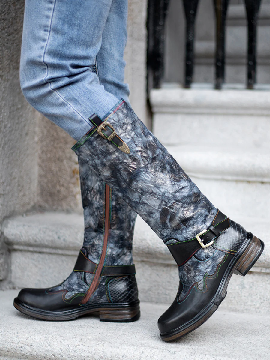 SOFFIA | Genuine Leather Grey Wrinkled ILIYAH Accent Leather Knee High Riding Flat Boots - Image 4