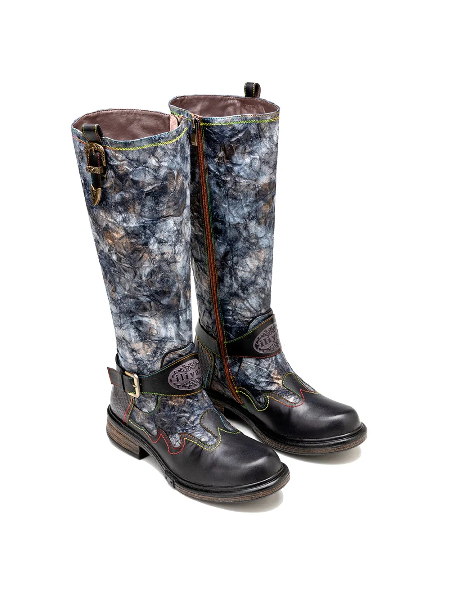 SOFFIA | Genuine Leather Grey Wrinkled ILIYAH Accent Leather Knee High Riding Flat Boots - Image 5
