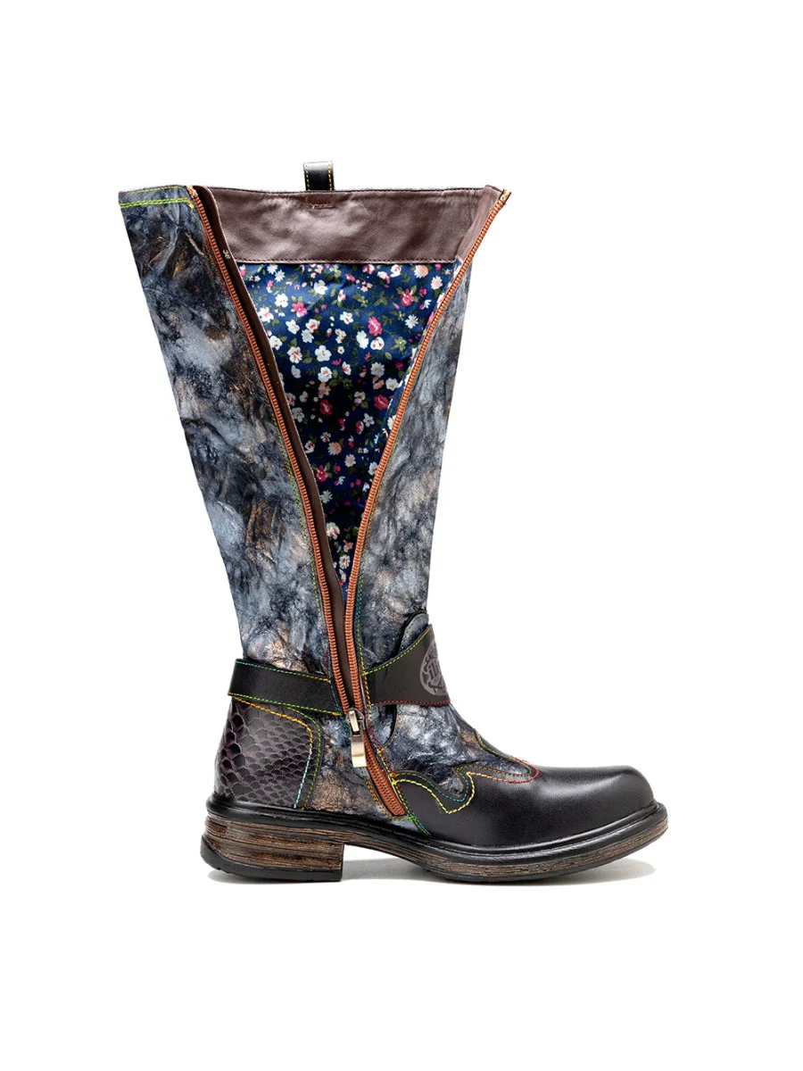 SOFFIA | Genuine Leather Grey Wrinkled ILIYAH Accent Leather Knee High Riding Flat Boots - Image 6