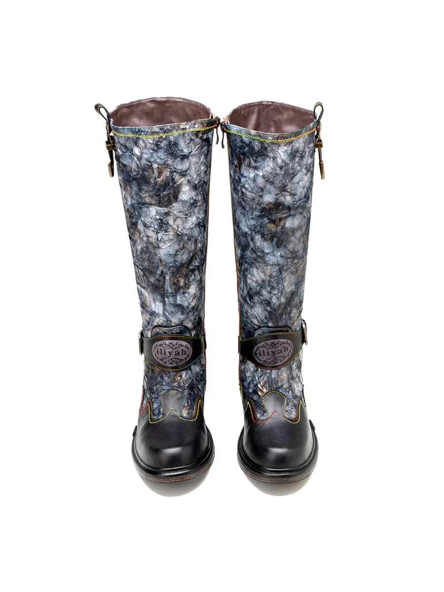 SOFFIA | Genuine Leather Grey Wrinkled ILIYAH Accent Leather Knee High Riding Flat Boots - Image 7