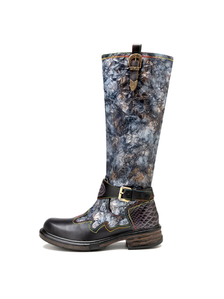 SOFFIA | Genuine Leather Grey Wrinkled ILIYAH Accent Leather Knee High Riding Flat Boots - Image 8