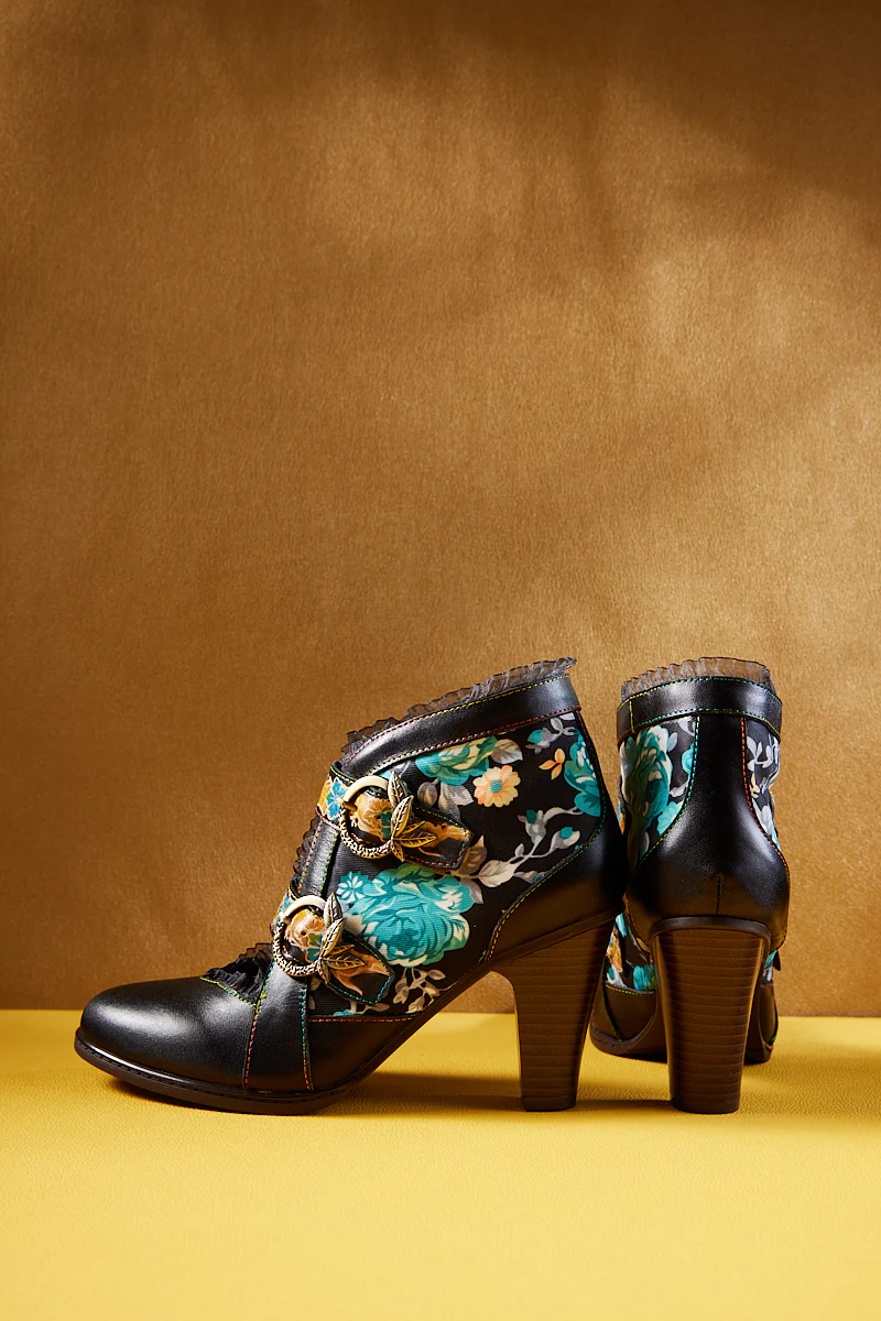 Soffia | Heartfelt Floral Leather Low Ankle Boots - Image 10