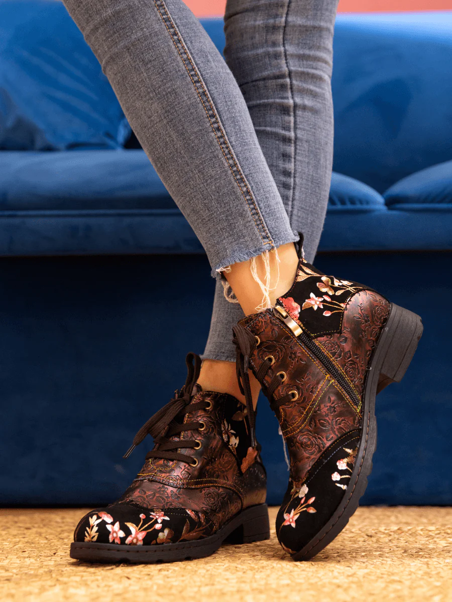 Soffia | Jordie Floral Embossed Leather Combat Boots - Red