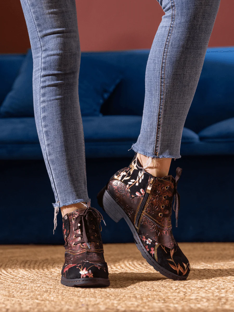 Soffia | Jordie Floral Embossed Leather Combat Boots - Red - Image 2