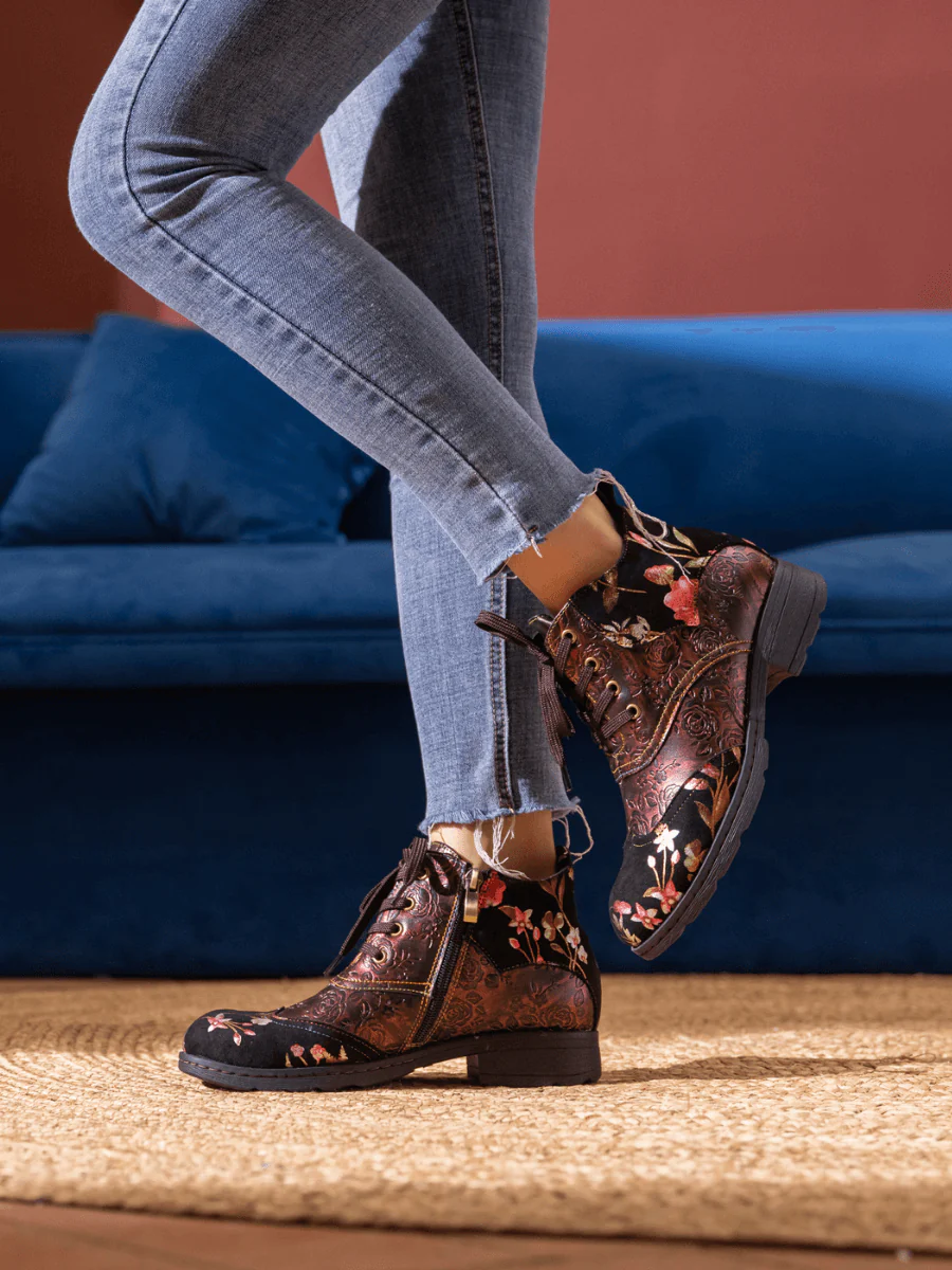 Soffia | Jordie Floral Embossed Leather Combat Boots - Red - Image 4