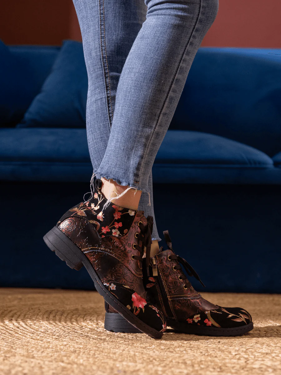 Soffia | Jordie Floral Embossed Leather Combat Boots - Red - Image 5