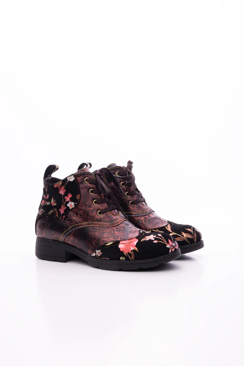 Soffia | Jordie Floral Embossed Leather Combat Boots - Red - Image 7