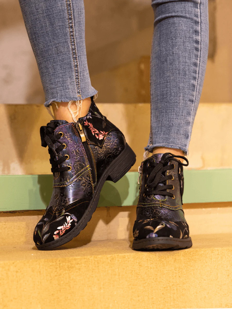 Soffia | Jordie Floral Embossed Leather Combat Boots - Violet - Image 2