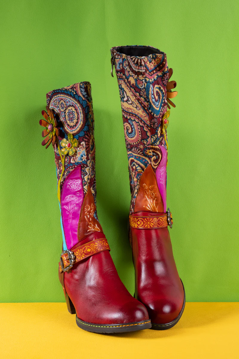 Soffia | Brycen Abstract Swirl Print Floral Applique Leather Boots - Image 10
