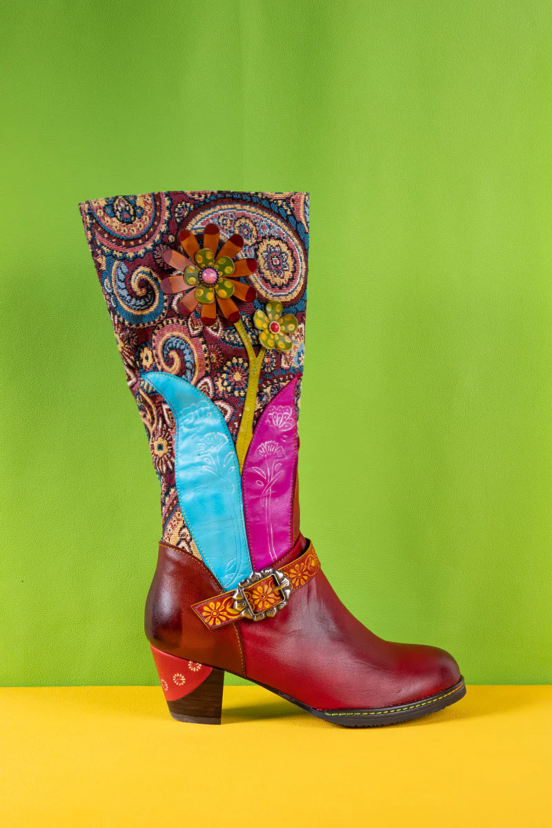 Soffia | Brycen Abstract Swirl Print Floral Applique Leather Boots - Image 11