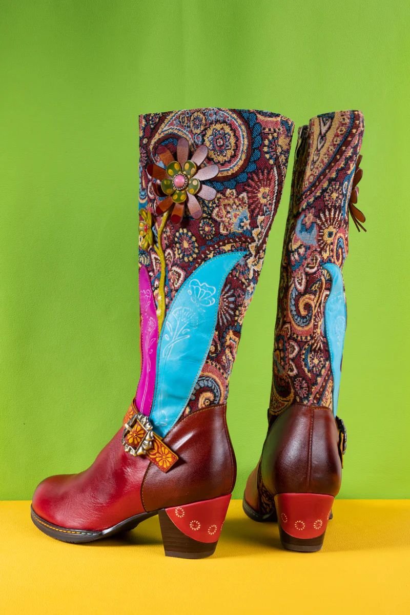 Soffia | Brycen Abstract Swirl Print Floral Applique Leather Boots - Image 12
