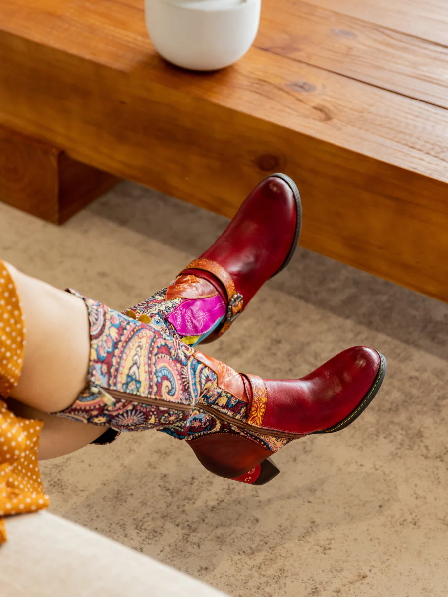Soffia | Brycen Abstract Swirl Print Floral Applique Leather Boots - Image 2