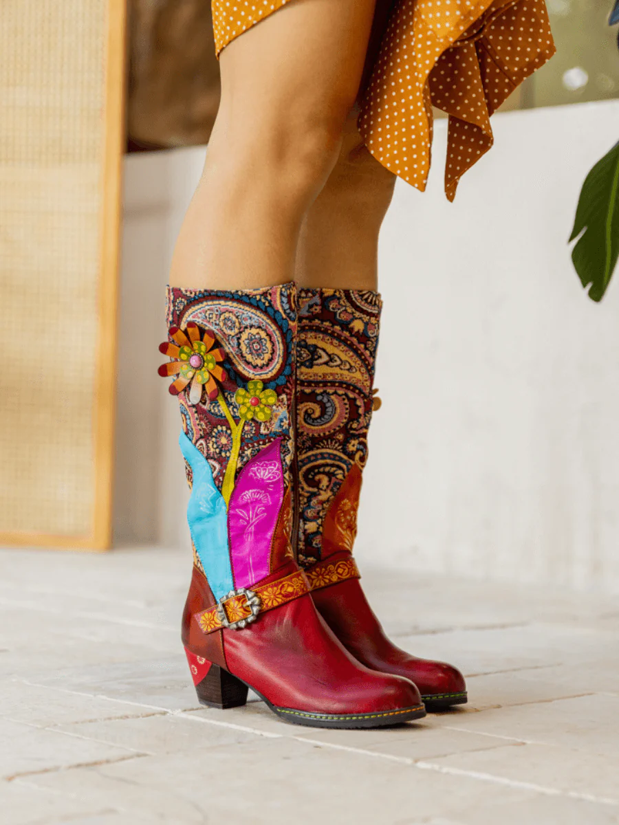 Soffia | Brycen Abstract Swirl Print Floral Applique Leather Boots - Image 3