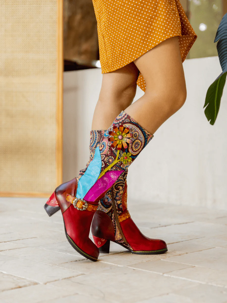 Soffia | Brycen Abstract Swirl Print Floral Applique Leather Boots - Image 4