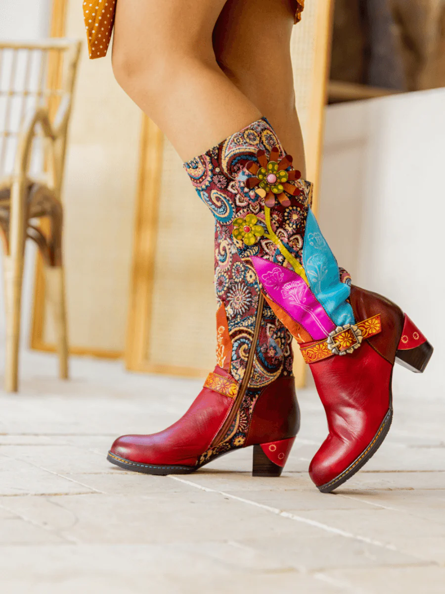 Soffia | Brycen Abstract Swirl Print Floral Applique Leather Boots - Image 5