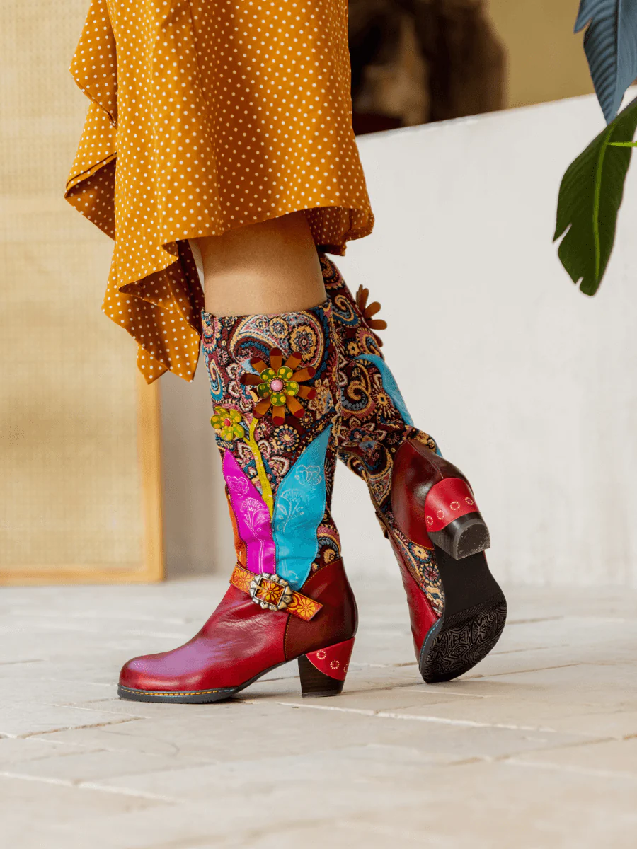 Soffia | Brycen Abstract Swirl Print Floral Applique Leather Boots - Image 6