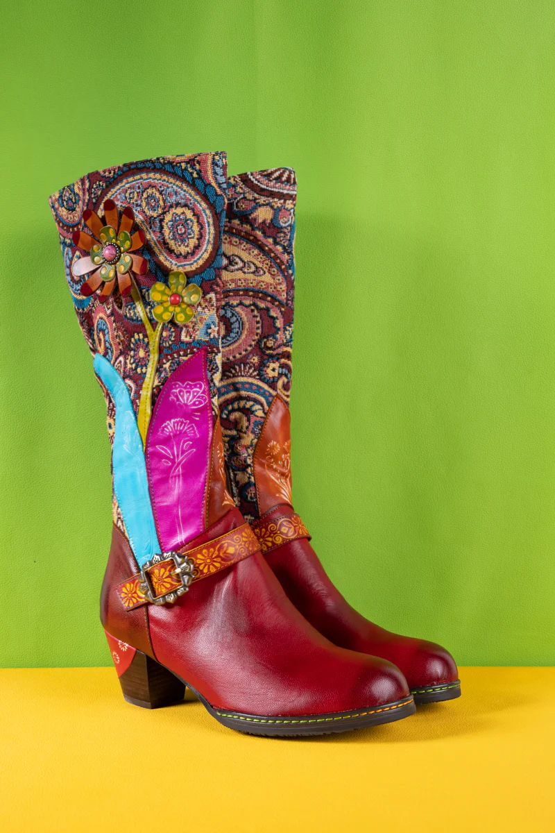 Soffia | Brycen Abstract Swirl Print Floral Applique Leather Boots - Image 9