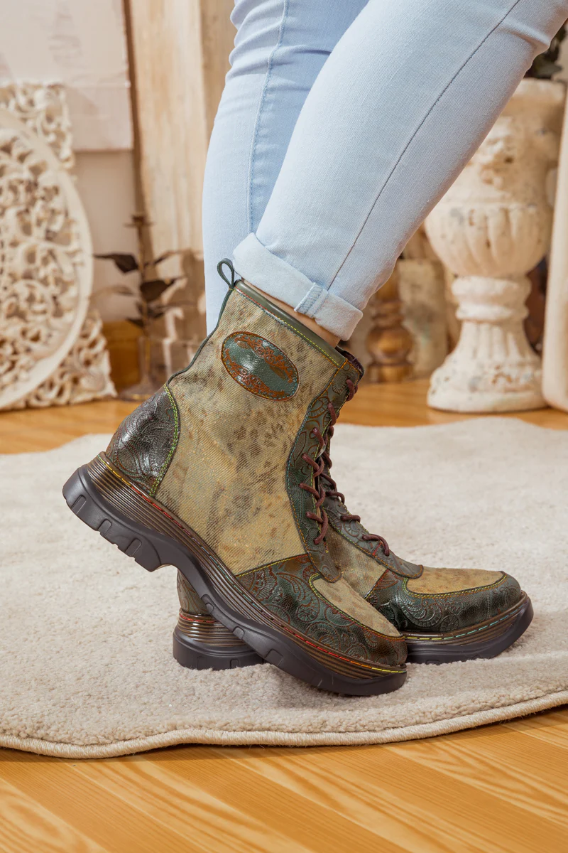 SOFFIA | LEATHER CANVAS LUG SOLE COMBAT BOOT - Image 5