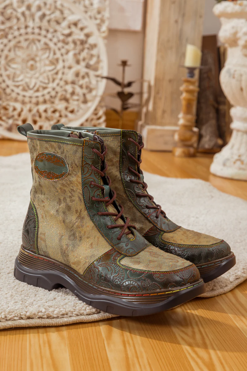 SOFFIA | LEATHER CANVAS LUG SOLE COMBAT BOOT - Image 8