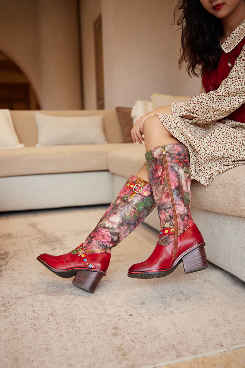 Soffia | Maude Floral Wide Calf Leather Knee High Boots - Image 6