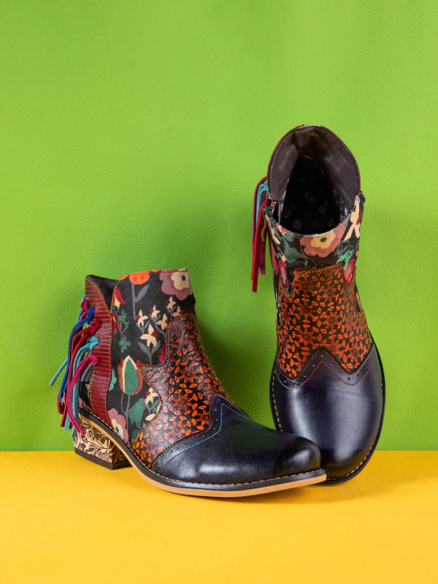 Soffia | Mendocino Tasselled Floral Leather Ankle Boots